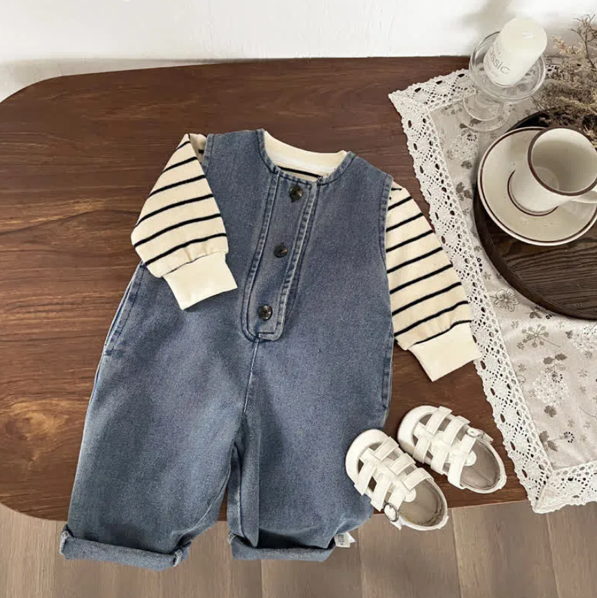 Little Explorer Denim Romper Stripe Tee Set