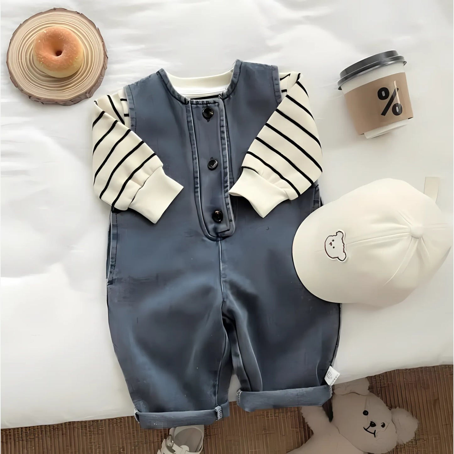 Little Explorer Denim Romper Stripe Tee Set