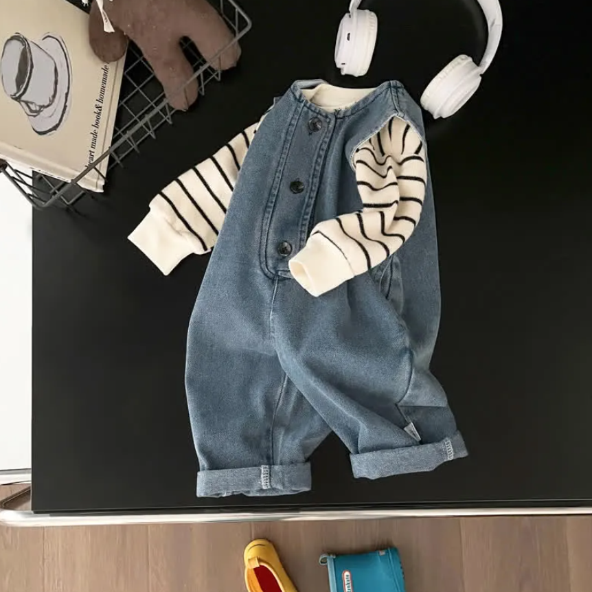 Little Explorer Denim Romper Stripe Tee Set
