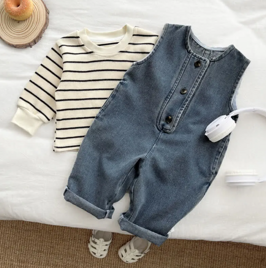 Little Explorer Denim Romper Stripe Tee Set